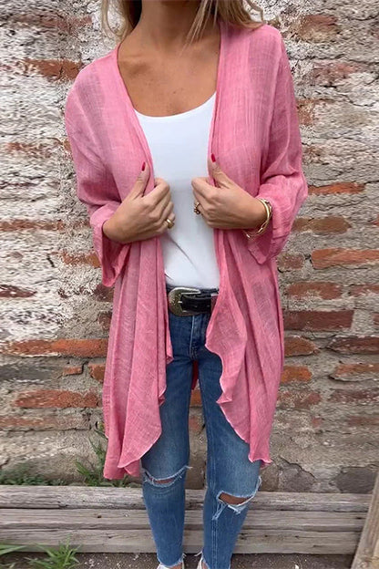 Open Front Lightweight Cotton Linen Midi Cardigan Pink