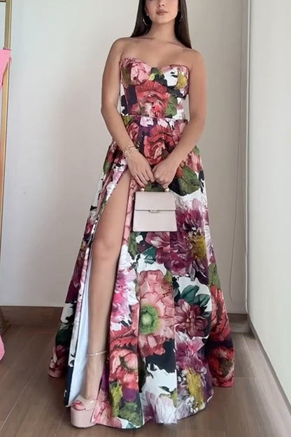 Strapless High Slit Waisted Floral Print Maxi Swing Dress Floral