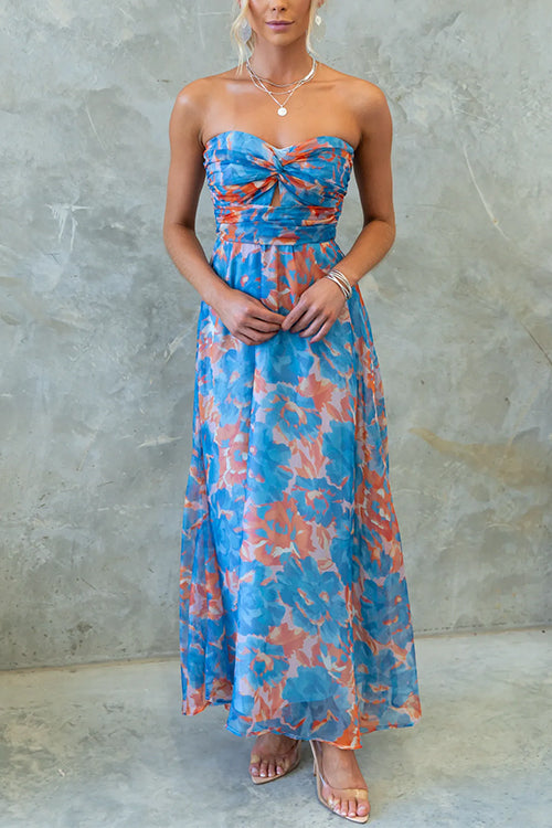 Strapless Twist Front High Waist Printed Flowy Maxi Dress Blue