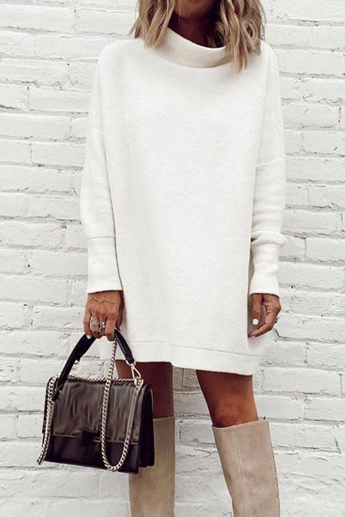 Rosiedress Mockneck Drop Shoulder Solid Mini Dress White