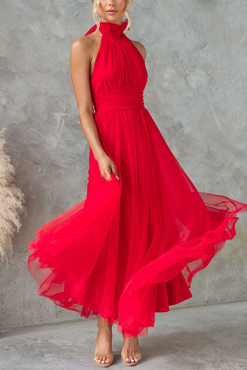 Bow Knot Halter Open Back Tulle Maxi Dress