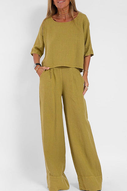Round Neck 3/4 Sleeves Pullovers Wide Leg Pants Cotton Linen Set Yellow
