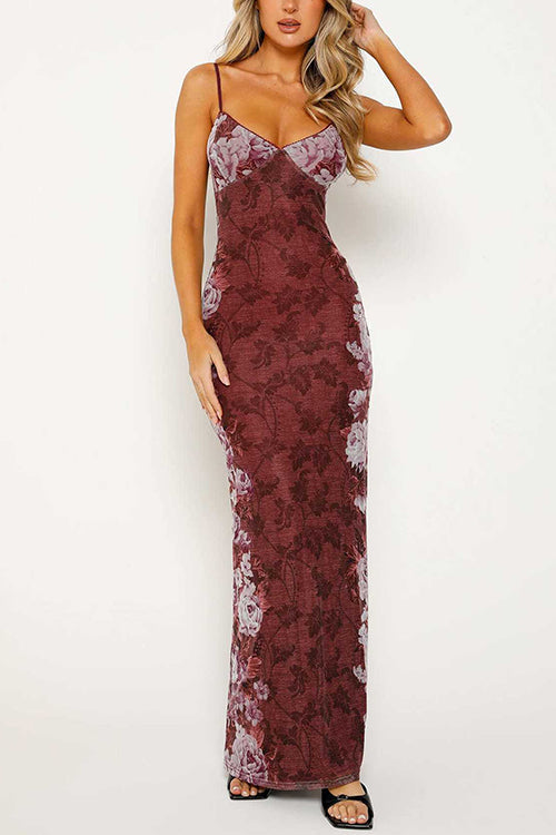 Spaghetti Strap V Neck Floral Print Bodycon Maxi Dress Burgundy