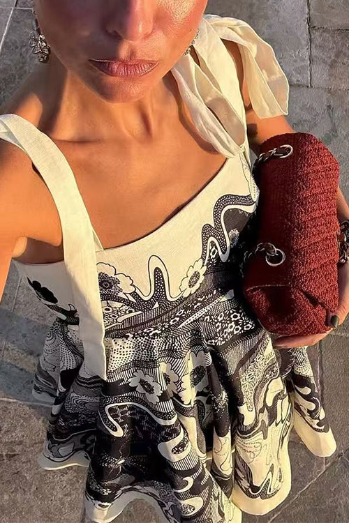 Bow Shoulder Sleeveless High Waist Floral Print Mini Dress