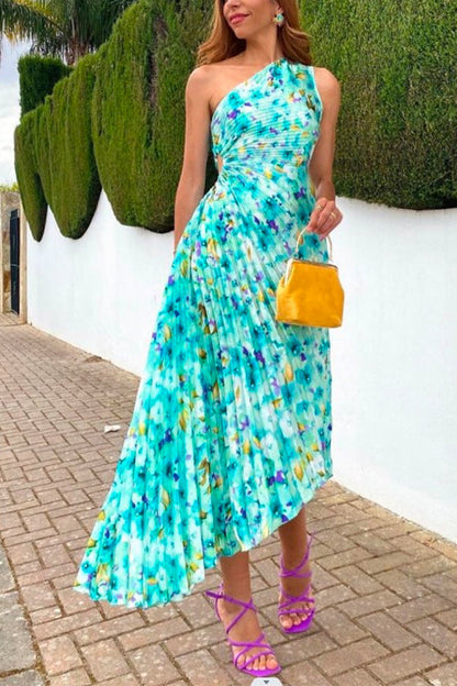Printed One Shoulder Cut Out Waist Pleated Irregular Dress LightBlue