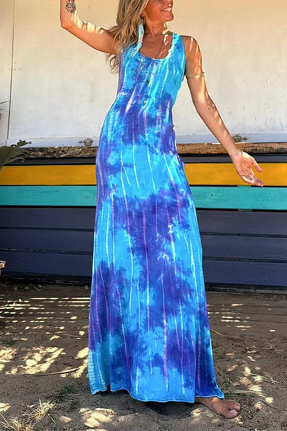 Scoop Neck Backless Criss Cross Tie Dye Maxi Dress