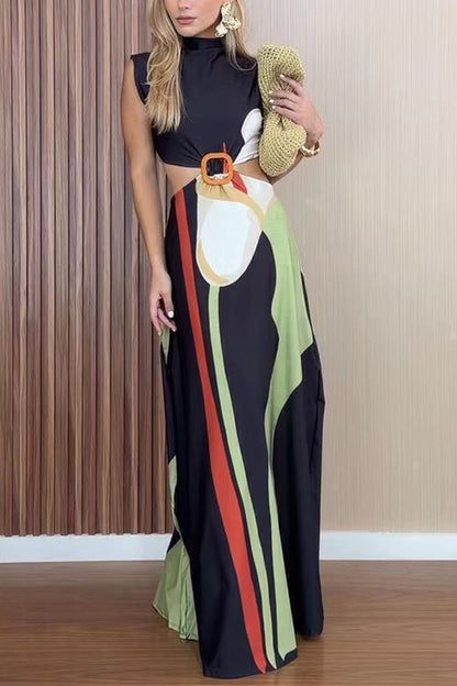 Mockneck Sleeveless Cut Out Waist Printed Maxi Dress