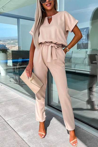 V Neck Rolled Sleeve Pullover Knot Waist Tapered Pants Set Apricot