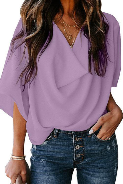 Cowl Neck Short Sleeve Drape Chiffon Shirt LightPurple