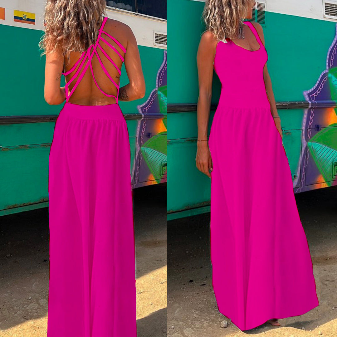 Solid Criss Cross Backless Maxi Cami Dress HotPink
