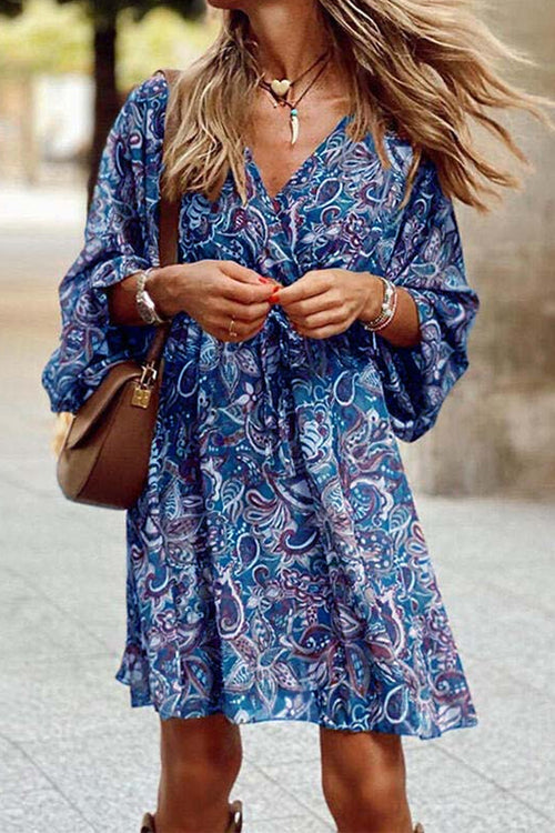 Rosiedress Wrap V Neck 3/4 Sleeves Tie Waist Floral Print Dress Blue