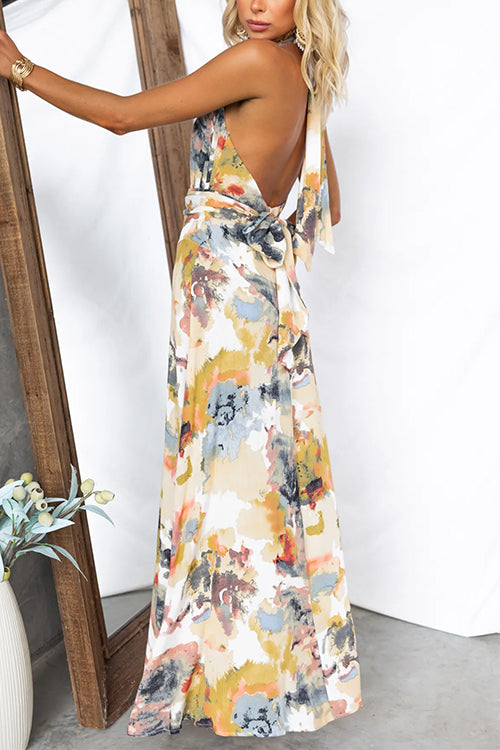 Rosiedress Halter V Neck Backless Printed Maxi Vacation Dress