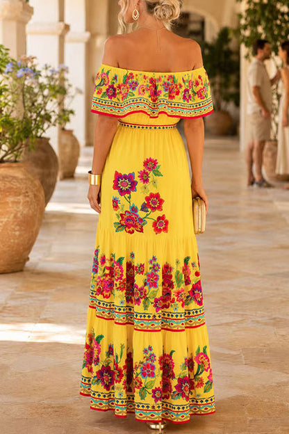 Off Shoulder Floral Print Ruffle Swing Maxi Dress
