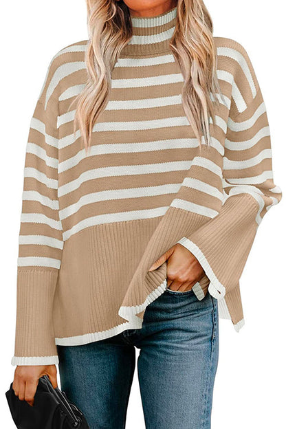 Rosiedress Turtleneck Side Split Striped Sweater Khaki