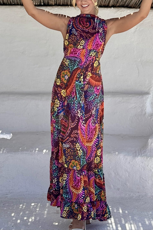 Sleeveless Back Cut Out Unique Print Ruffle Maxi Dress Print