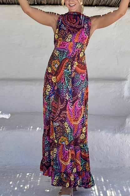 Sleeveless Back Cut Out Unique Print Ruffle Maxi Dress Print