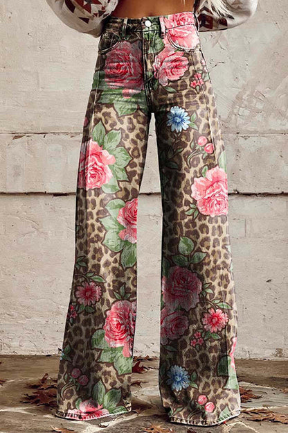 Leopard Floral Print Wide Leg Pocketed Pants Brown