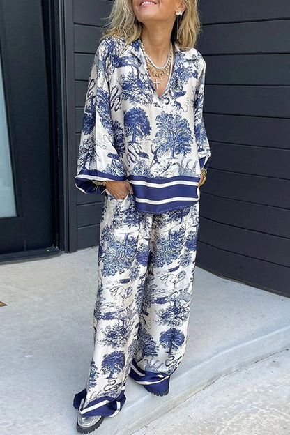 Lapel V Neck Long Sleeves Shirt Wide Leg Pants Printed Casual Set Blue