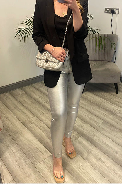 Chicest Skinny Metallic Faux Leather Pants Silver