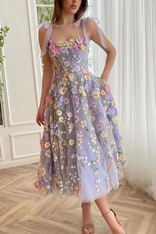 Rosiedress Bow Shoulder Flower Embroidery Swing Midi Cami Dress Light Purple