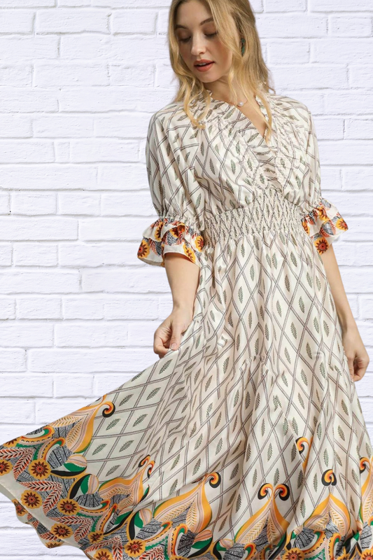 Bohemian Geometric Floral Midi Dress – Artfully Feminine & Effortlessly Chic