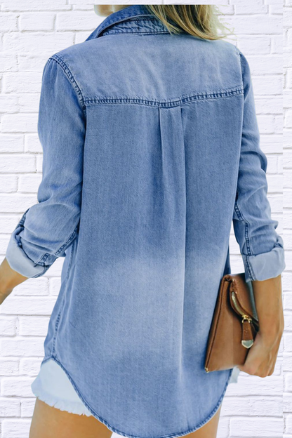 Pocketed Collared Neck Long Sleeve Dandy Denim Top