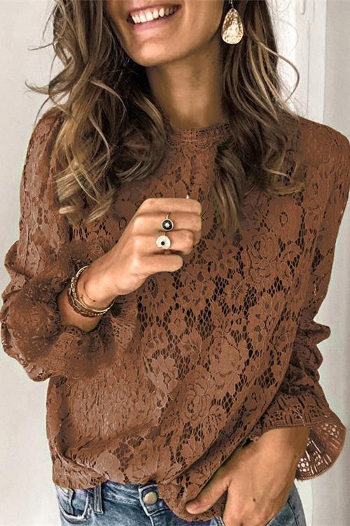 Rosiedress Floral Lace Crochet Hollow Out Shirts Coffee