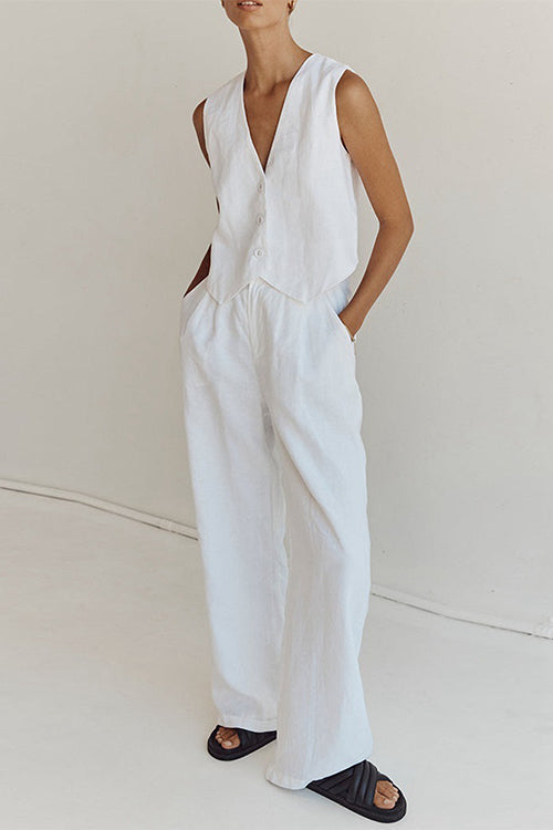 V Neck Button Down Blazer Vest and Wide Leg Pants Set White