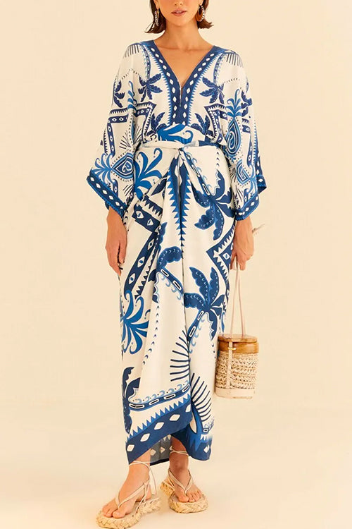 Rosiedress V Neck Kimono Sleeves Tie Waist Printed Wrap Dress Blue