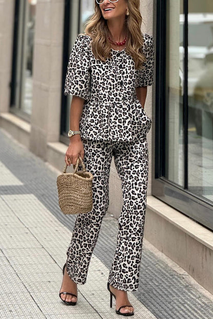 Rosiedress Half Sleeves Button Up Ruffle Shirt and Straight Leg Pants Leopard Set