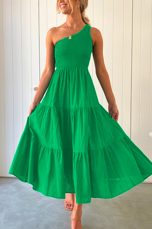 One Shoulder Sleeveless Smocked Ruffle Tiered Maxi Dress Green