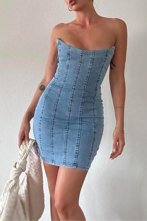 Rosiedress Strapless Tube Top Denim Mini Bodycon Dress Blue