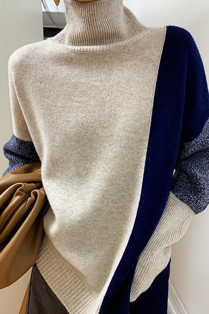 Turtleneck Color Block Splice Side Split Sweater Apricot OneSize
