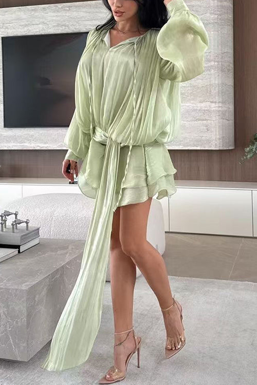 Lantern Long Sleeves Draped Ruffle Layered Mini Dress with Shorts