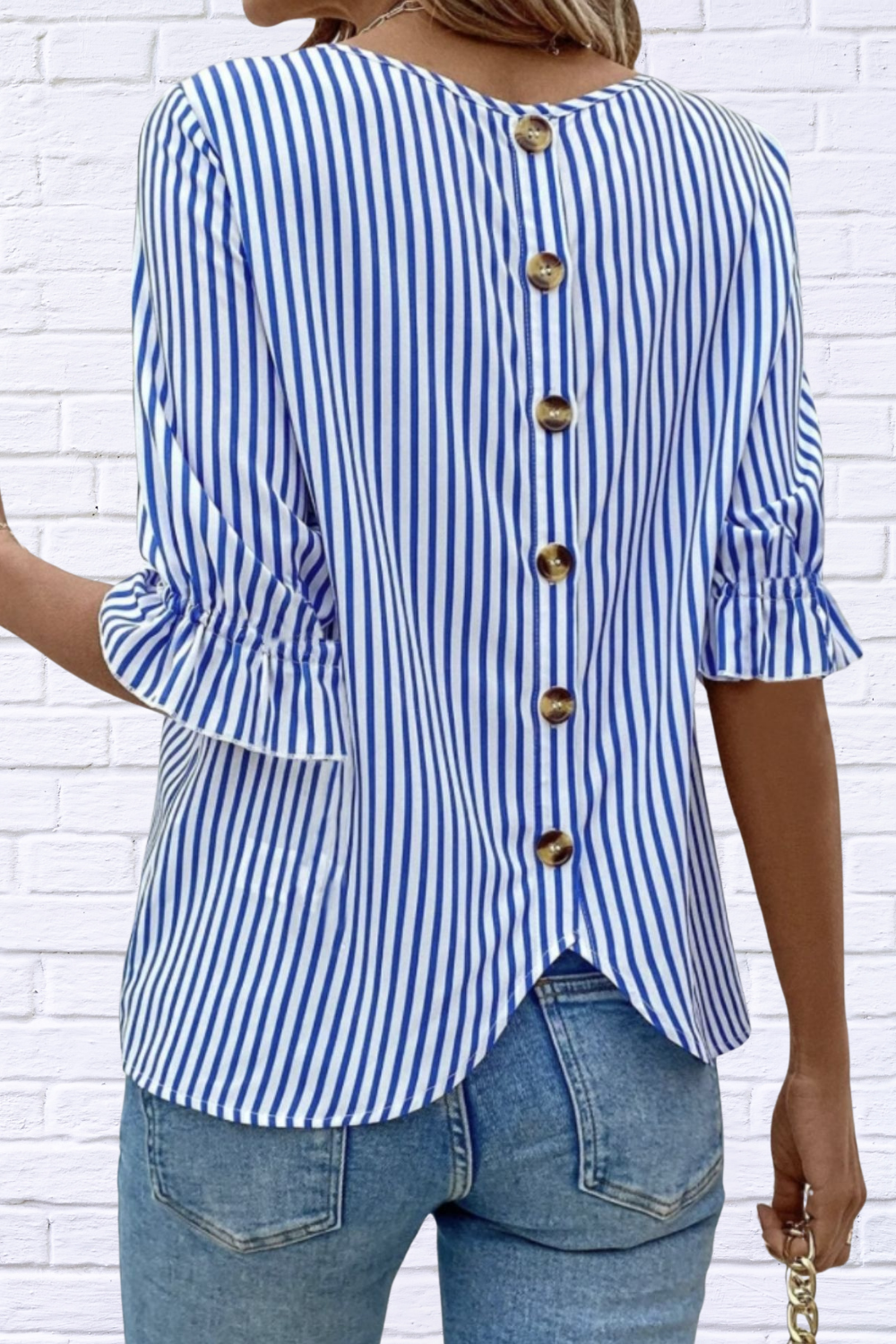 Striped Round Neck Half Sleeve Casual Blouse