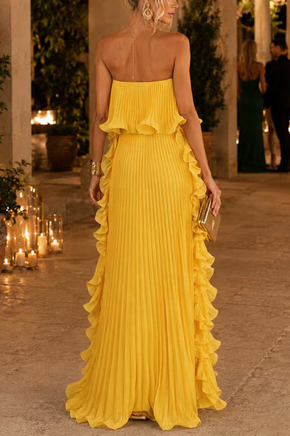 Strapless Tube Ruffle Pleated Swing Maxi Dress