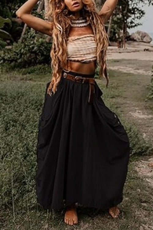 Side Drawstring Ruched Cotton Linen Baggy Maxi Skirt Black