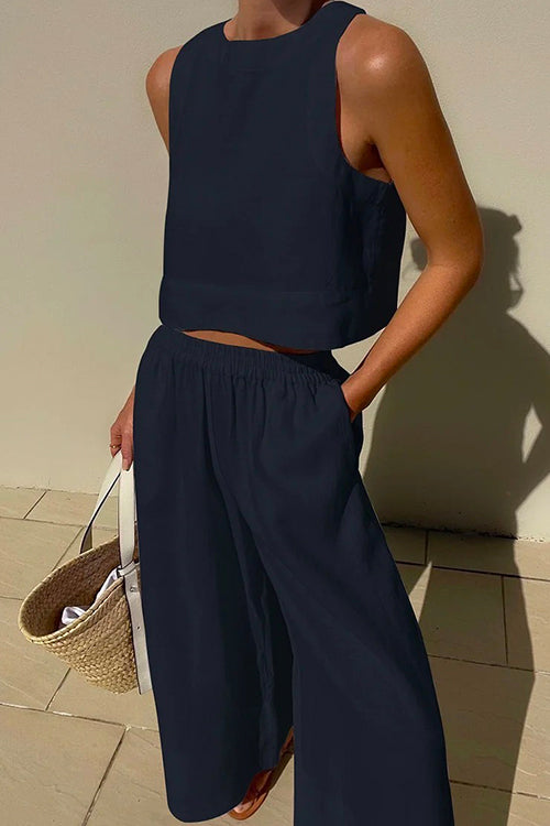 Rosiedress Solid Crewneck Crop Tank Top Elastic Waist Wide Leg Pants Set DarkBlue