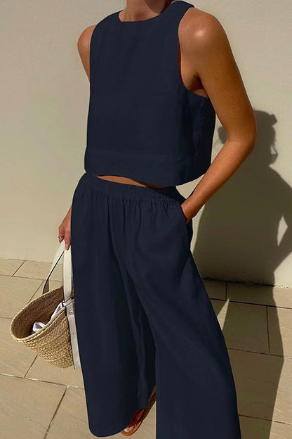 Solid Crewneck Crop Tank Top Elastic Waist Wide Leg Pants Set DarkBlue