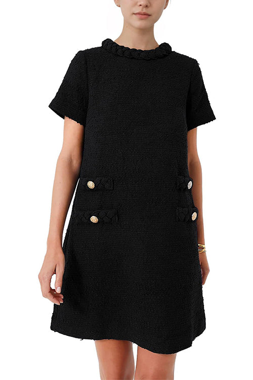 Elegant Crewneck Short Sleeves Buttons Tweed Dress Black
