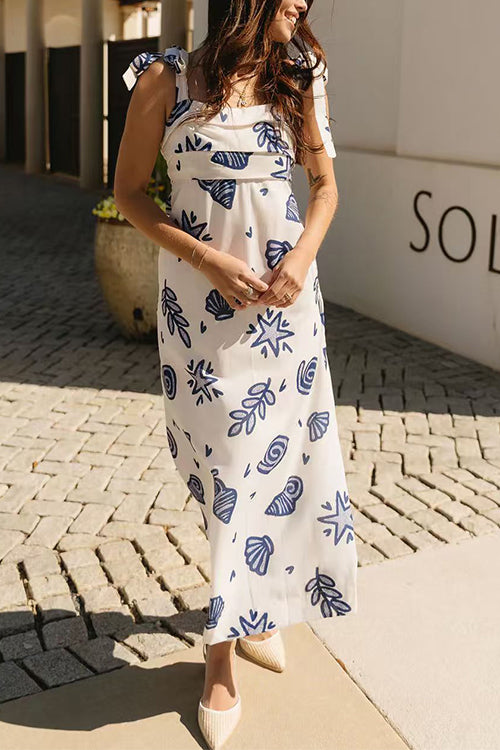 Bow Shoulder Sleeveless Seashell Print Maxi Dress