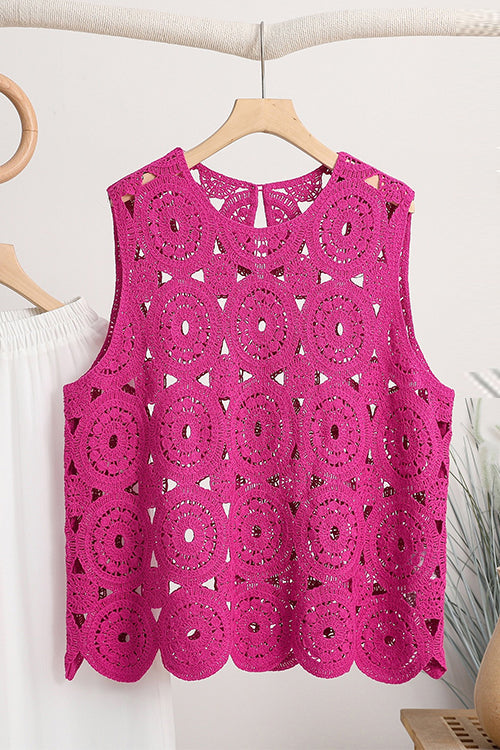 Round Neck Sleeveless Hollow Out Crochet Top HotPink OneSize