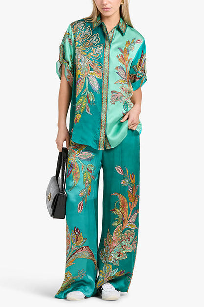 Rosiedress Roll Up Short Sleeves Shirt and Wide Leg Pants Printed Satin Set