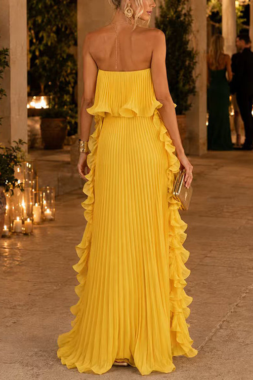 Elegant Strapless Tube Ruffle Pleated Maxi Dress