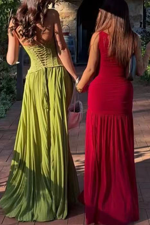 Halter Neck Back Lace-up Pleated Maxi Dress