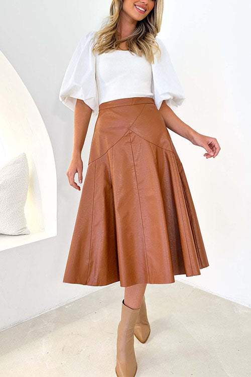 Rosiedress High Waist Faux Leather A-line Flare Midi Skirt