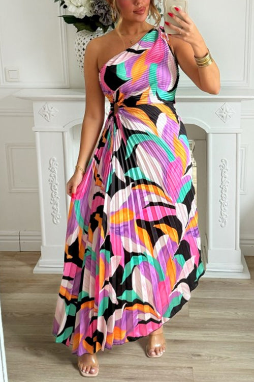 One Shoulder Cut Out Color Block Printed Maxi Pleated Dress Purple