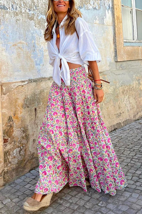 Rosiedress Frilled Elastic Waist Bohemia Floral Maxi Flowy Skirt Pink