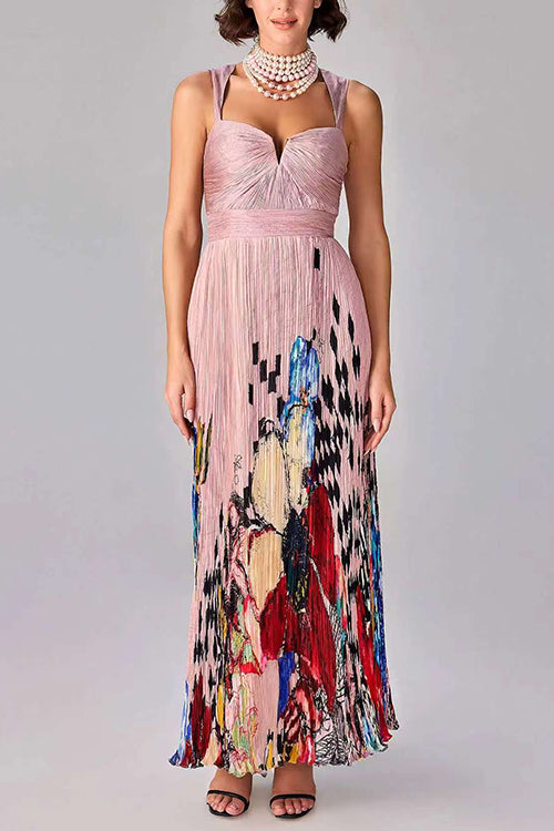 Sleeveless High Waist Floral Print Pleated Maxi Dress