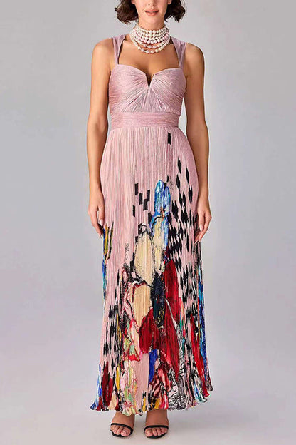 Sleeveless High Waist Floral Print Pleated Maxi Dress